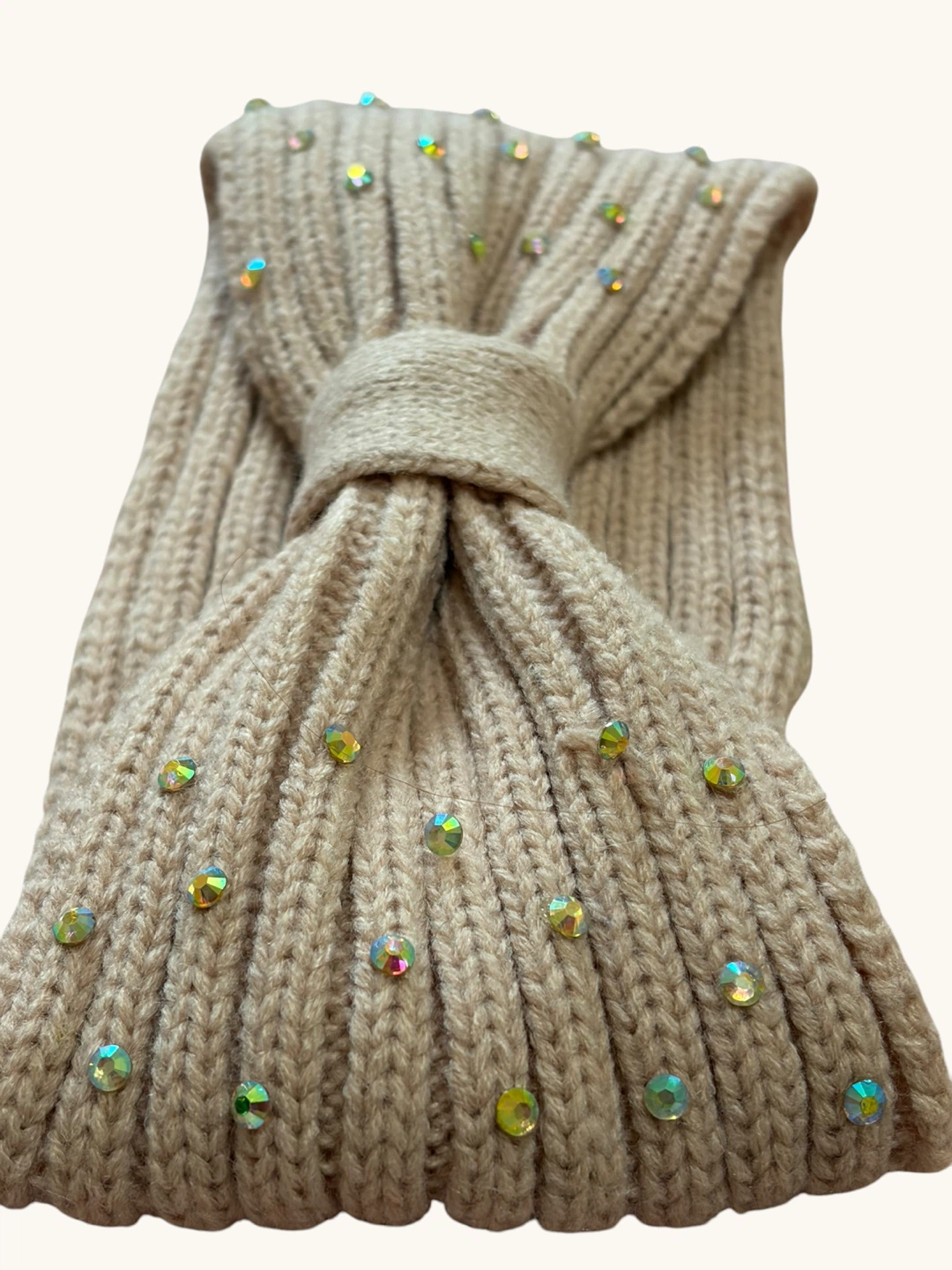 Beige Knit Headband with Rhinestones
