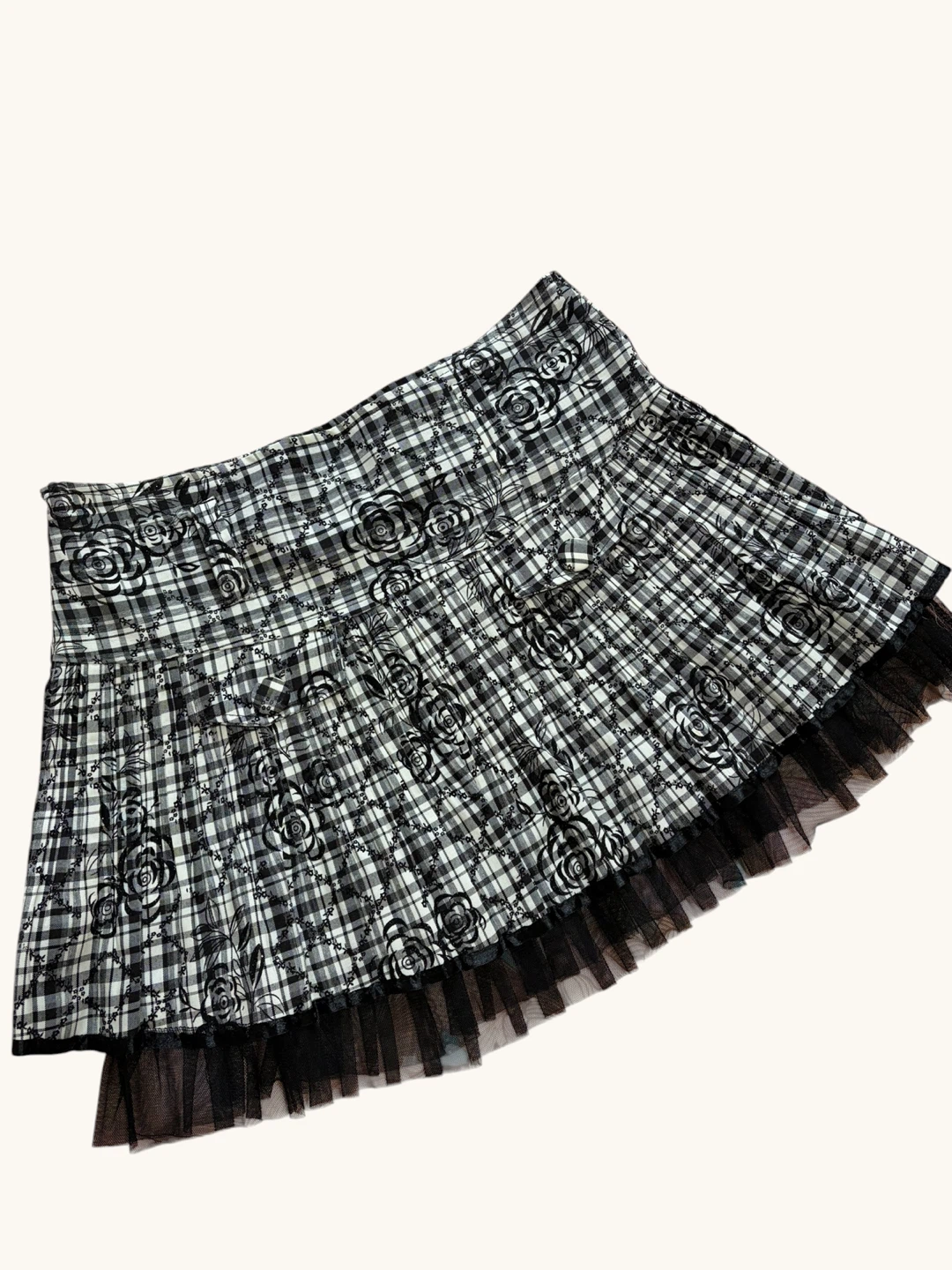 Plaid Rose Print Skirt with Tulle Trim