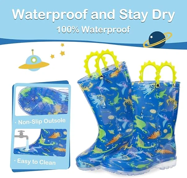 Kids Blue Dinosaur Space Rain Boots with Lights
