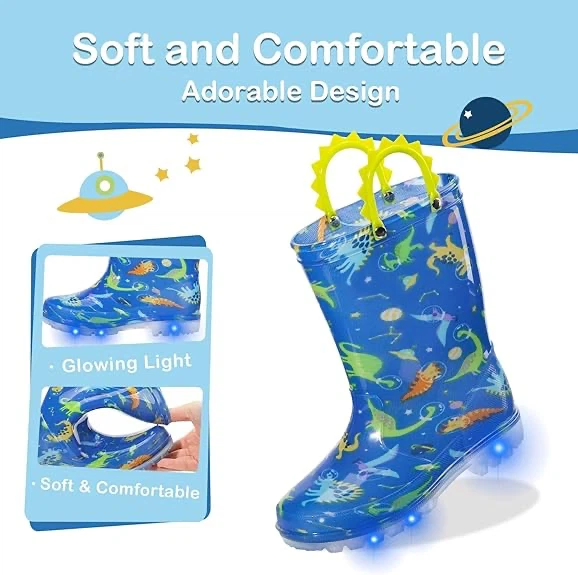 Kids Blue Dinosaur Space Rain Boots with Lights - photo 2