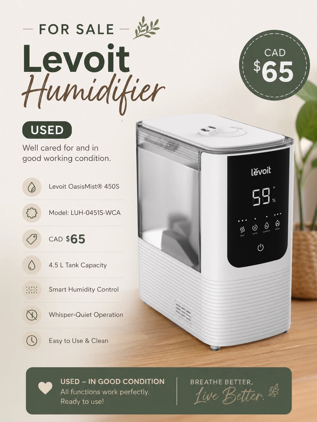 Levoit OasisMist Humidifier LUH-0451S-WCA