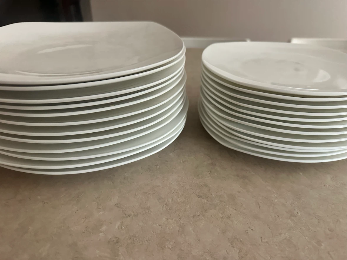 Fine China white dinner plates (12) AND side/dessert plates 12