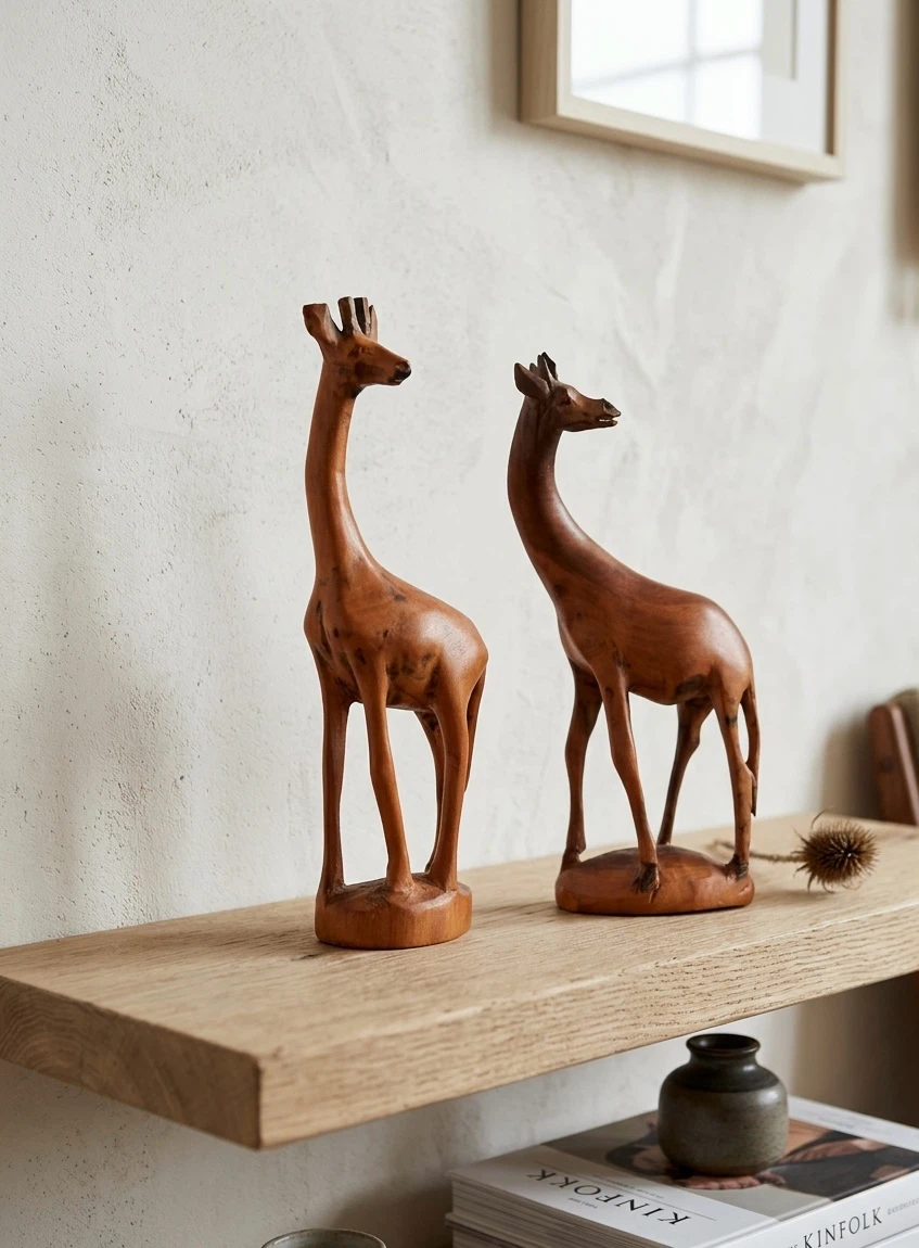 Vintage Wooden Giraffe Figurines - Set of 2