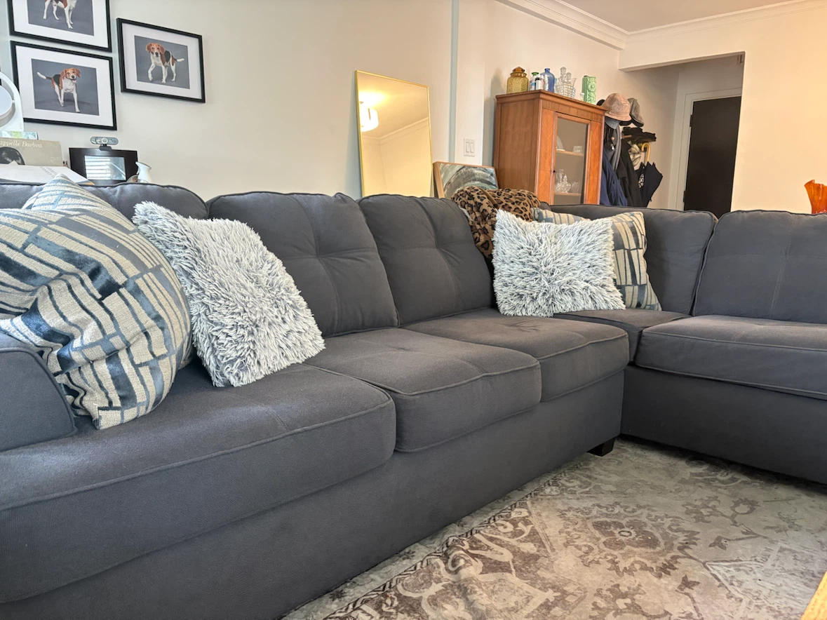 Custom Designer Blue-Grey L-Shaped Sectional with Tufted Chaise