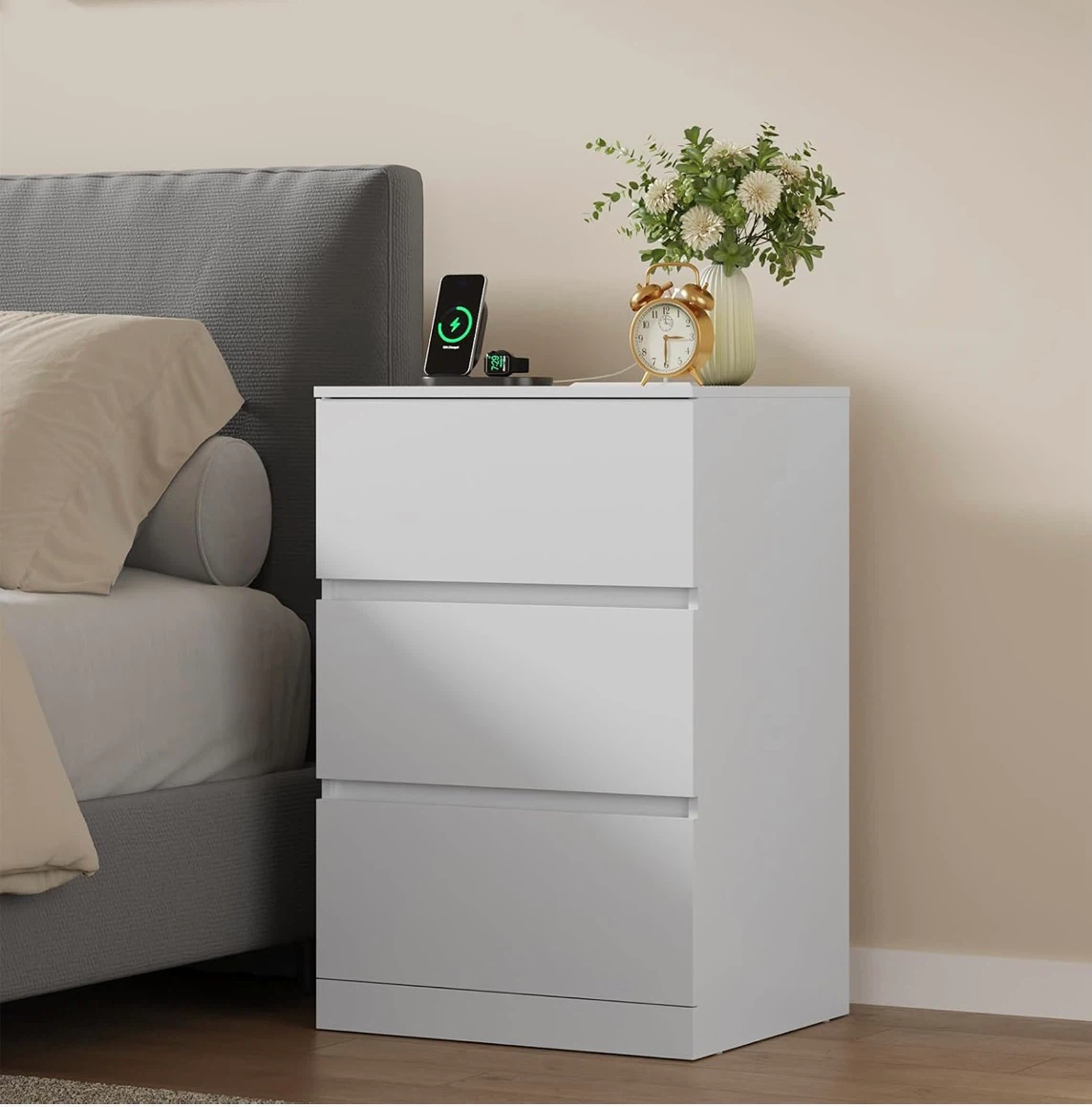 White 4-Drawer Nightstand with Charging Station