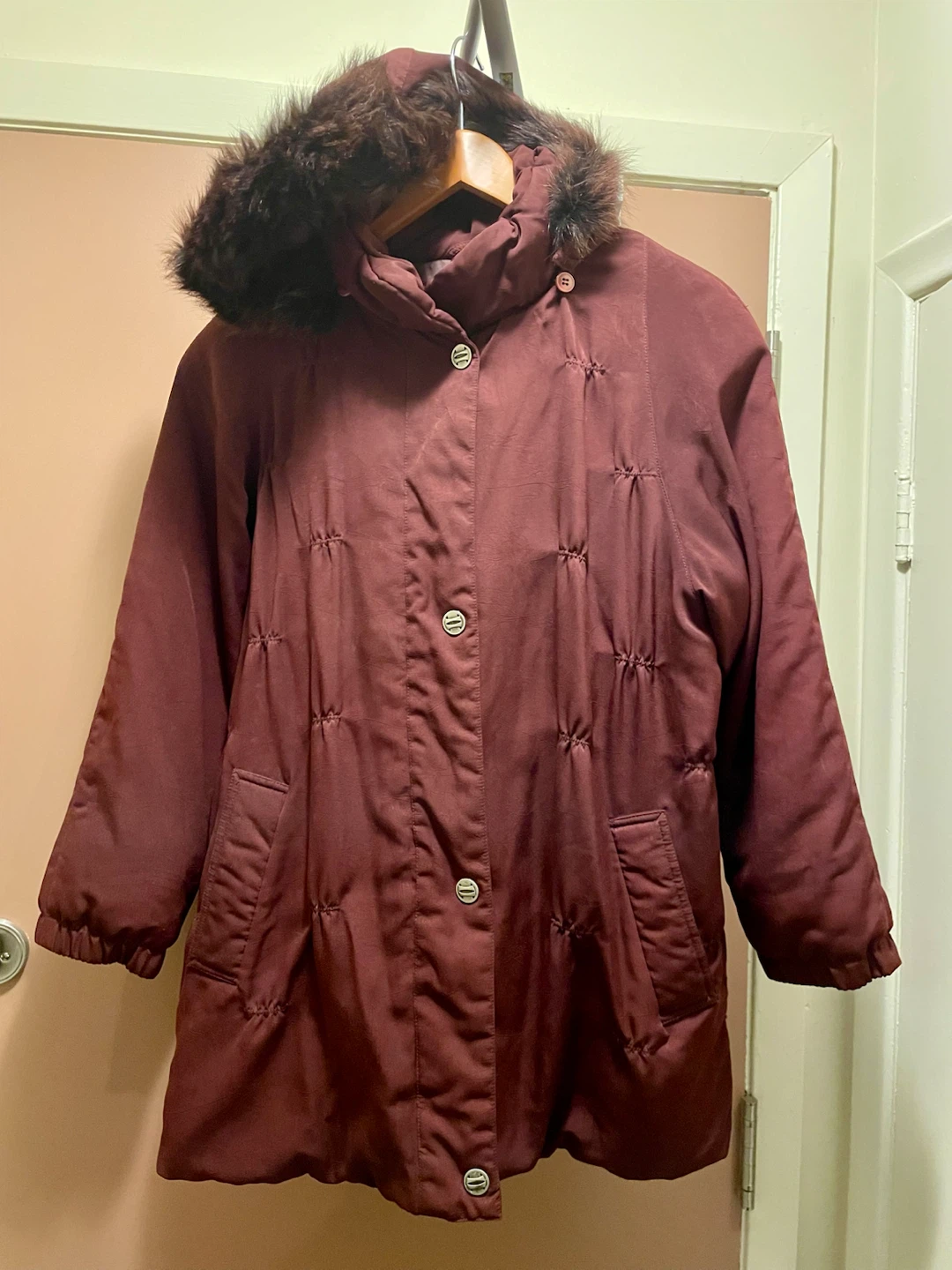 Maroon Puffer Winter Coat with Fur Hood