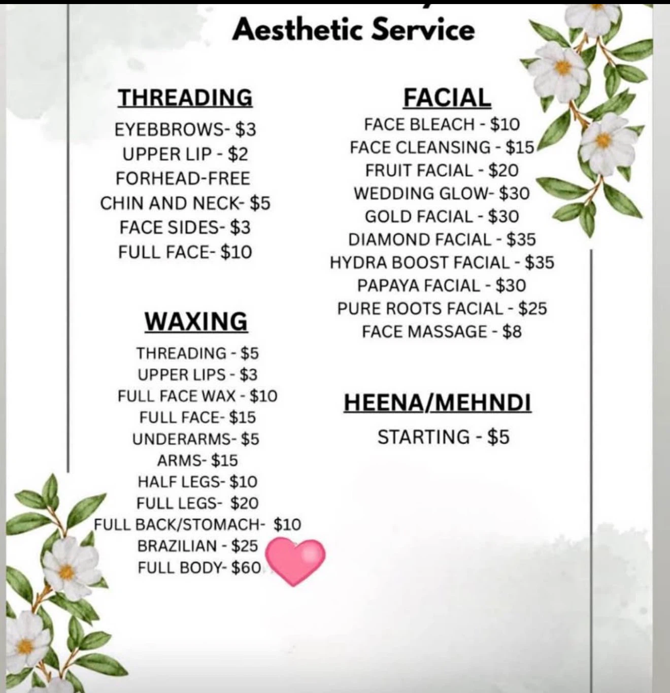 Aesthetic Services Menu