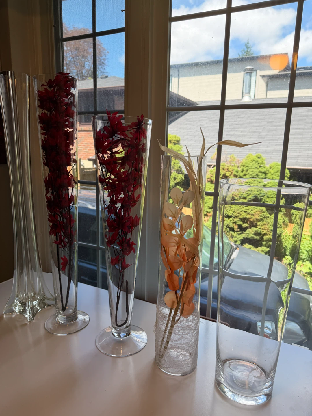 Set of 5 Assorted Glass Vases, each $7