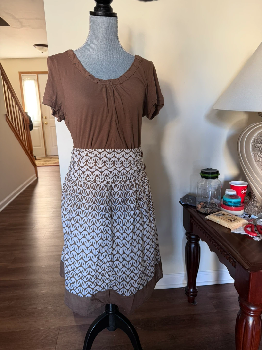 Brown and White Leaf Print Skirt and ladies top
