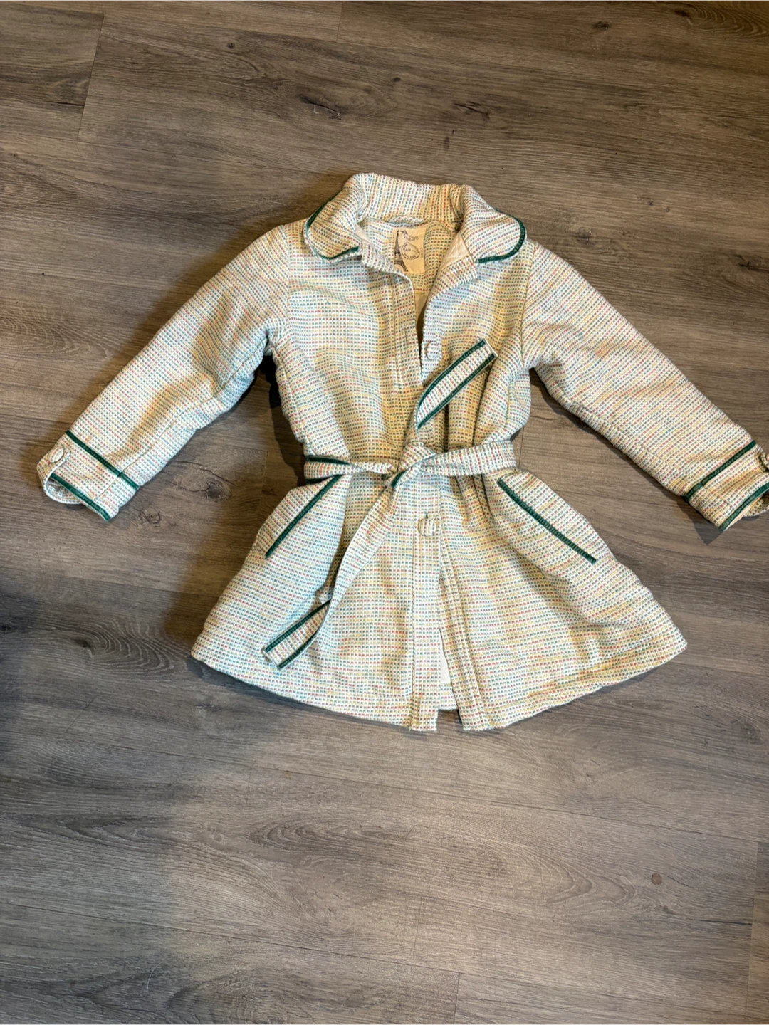 Girls Multicolor Tweed Coat with Green Trim