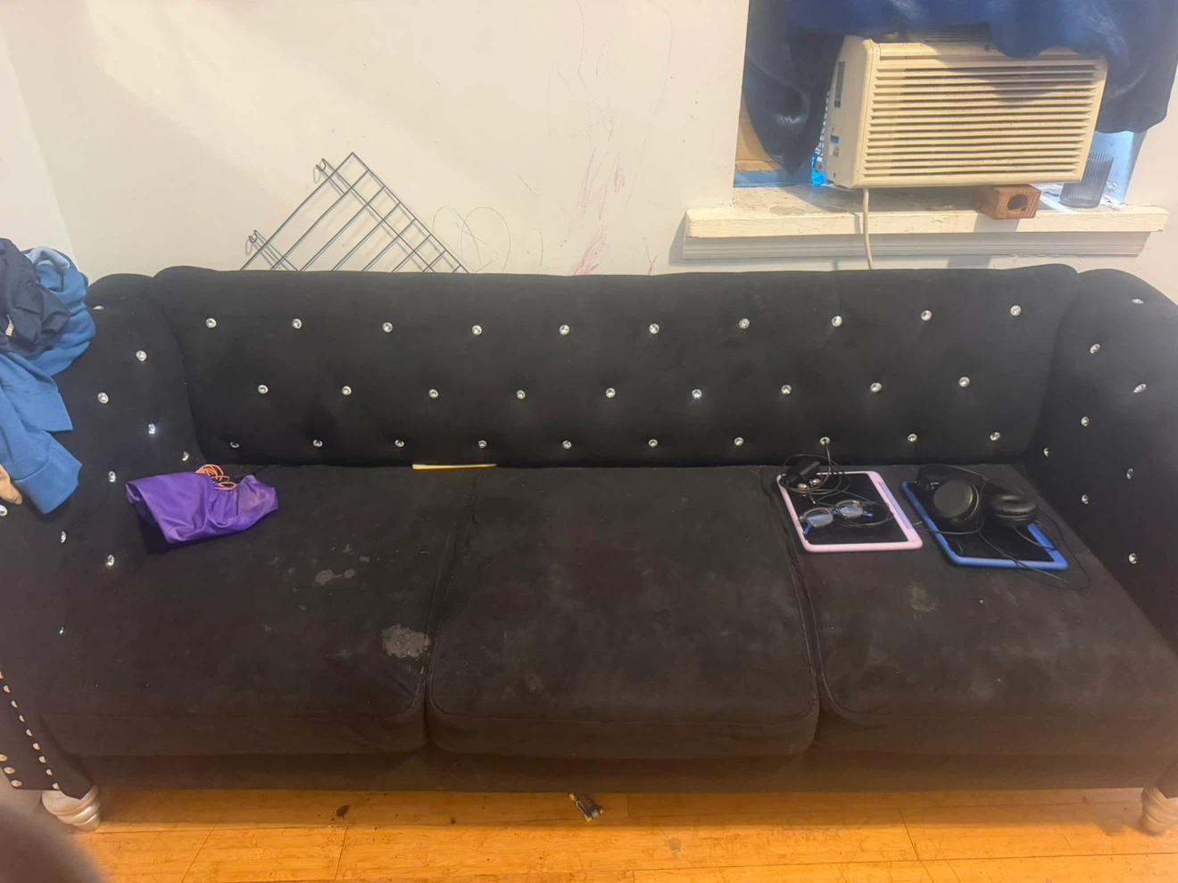 Black Tufted Sofa with Rhinestone Accents