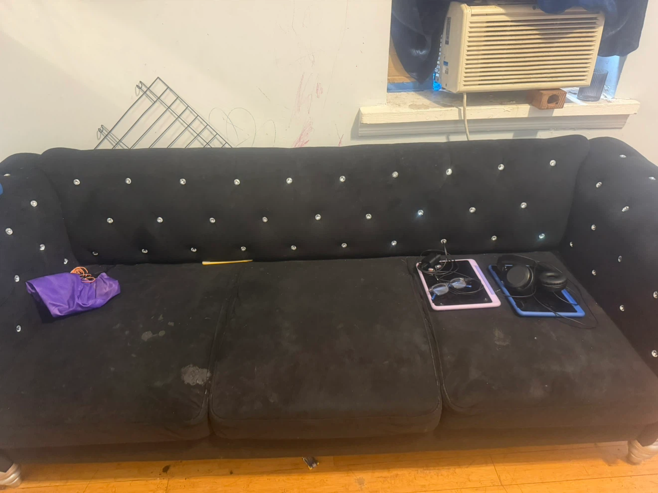 Black Tufted Sofa with Rhinestone Accents - photo 2