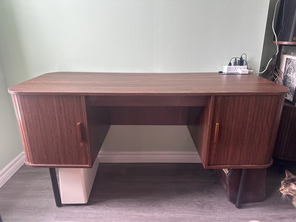 Mid-Century Modern Style Walnut Veneer Desk with Tambour Doors