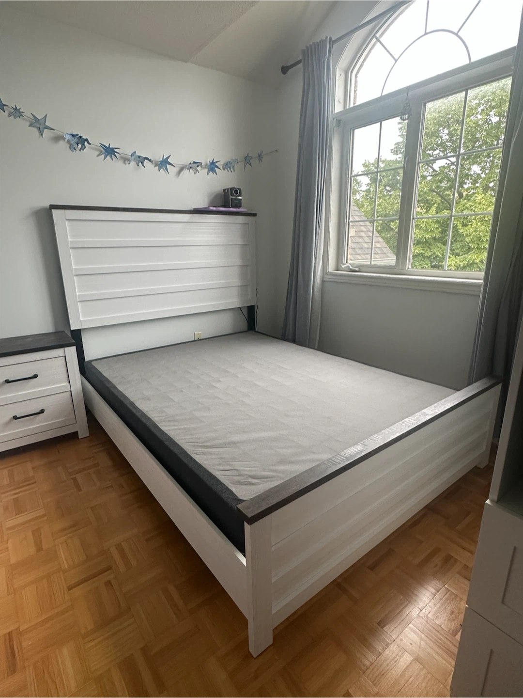 Modern White and Wood Bed Frame with Nightstand