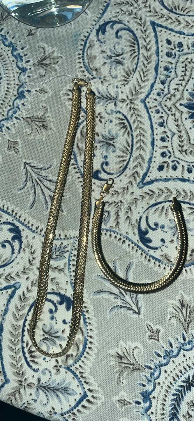 Gold Tone Herringbone Chain Necklace and Bracelet Set