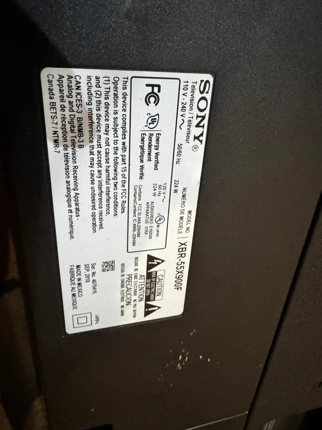 Sony XBR-55X900F FOR PARTS OR REPAIR