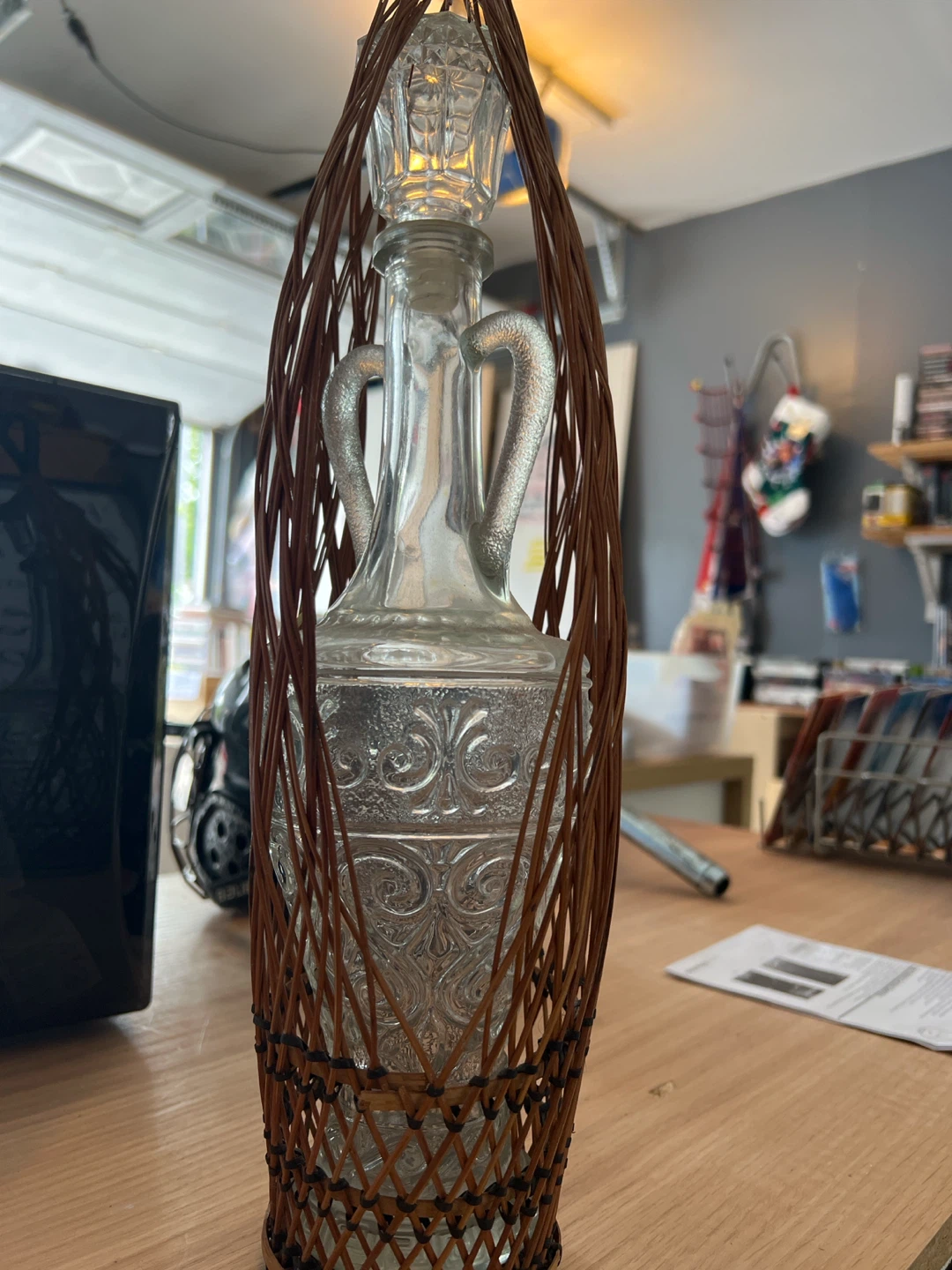 Vintage Clear Glass Decanter with Wicker Holder