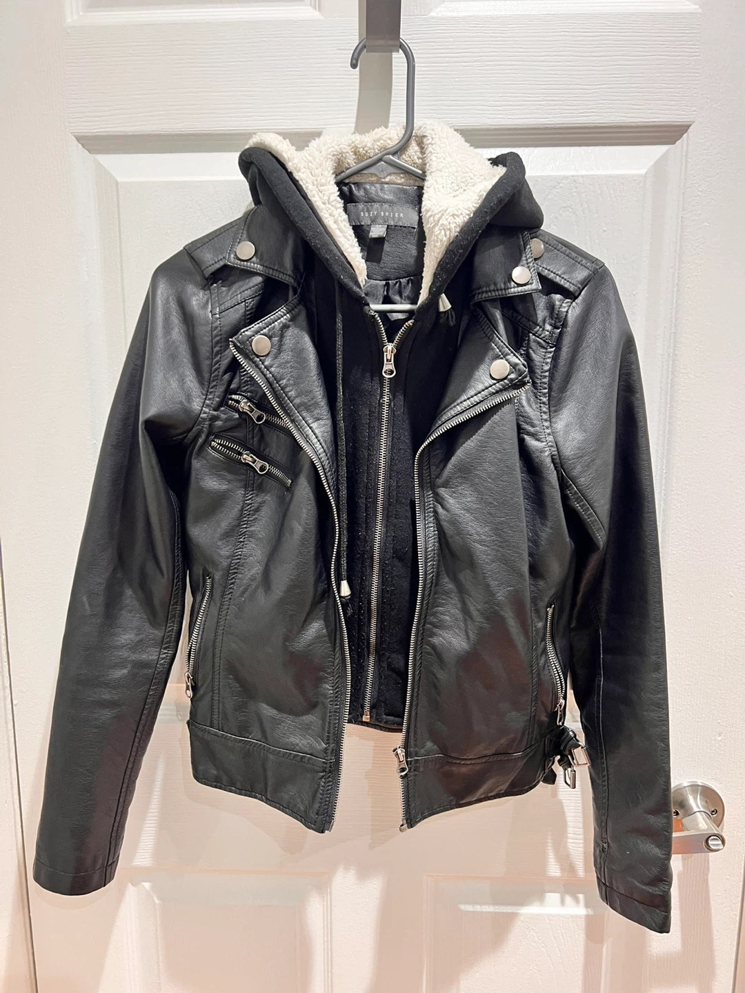 Suzy Shier Faux Leather Jacket with Hood