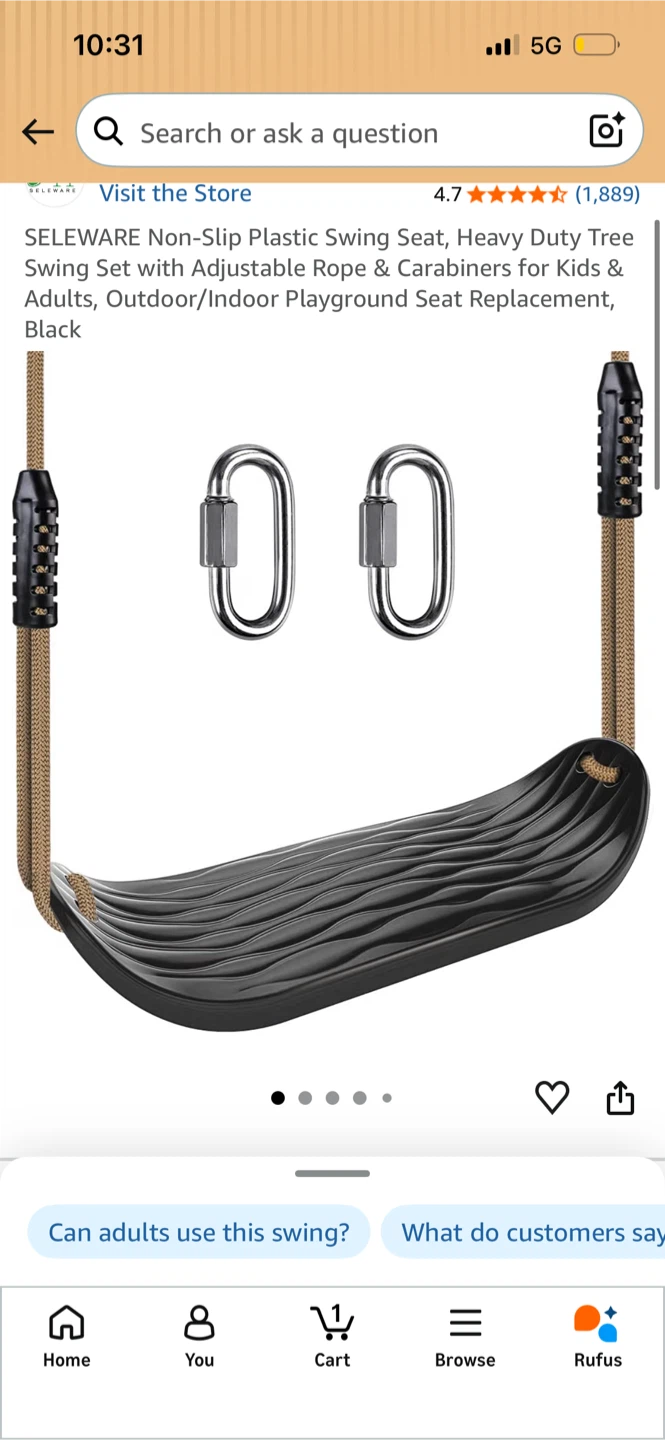 SELEWARE Plastic Swing Seat with Adjustable Rope and Carabiners