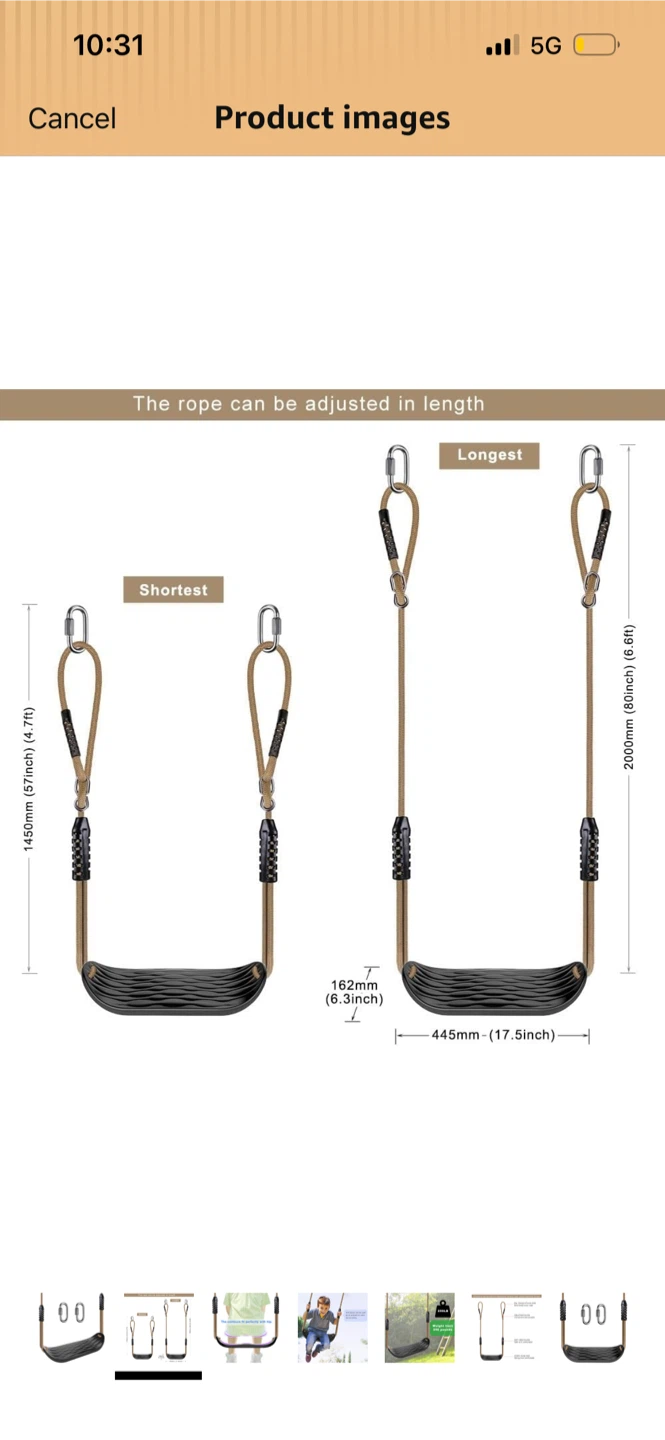 SELEWARE Plastic Swing Seat with Adjustable Rope and Carabiners - photo 3