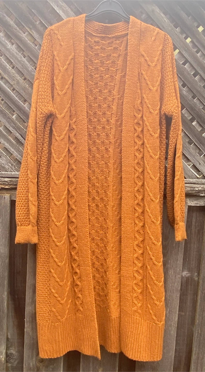 Cable Knit Long Cardigan, Size Medium