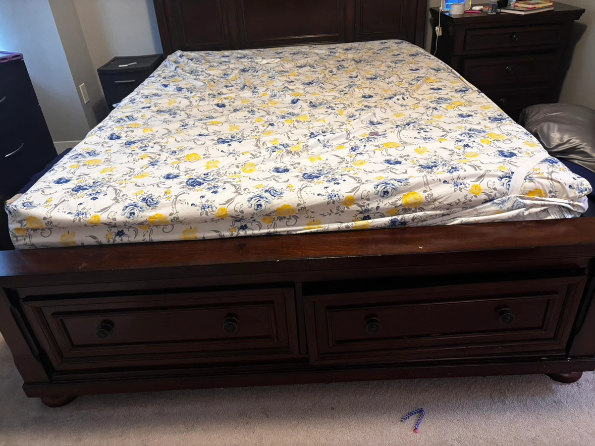 Dark wood storage bed frame with matching nightstand - photo 4