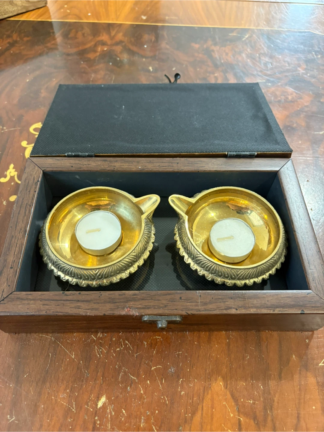 Pair of Brass Diya Oil Lamps with Wooden Box