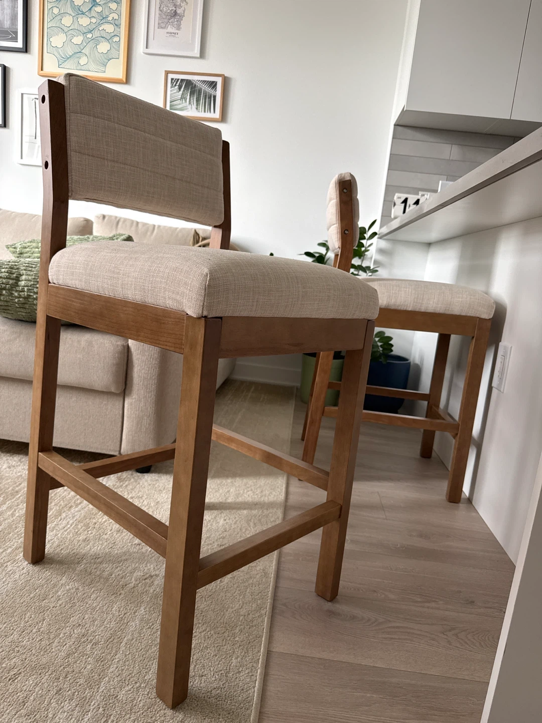 Natural Wooden Bar Stools with Upholstered Seat and Back