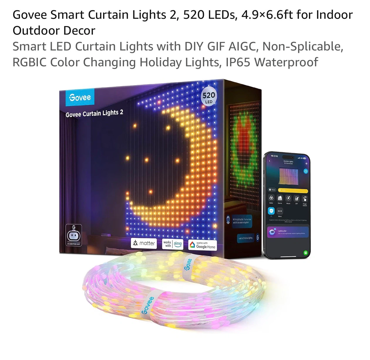 Govee Smart Curtain Lights 2, 520 LEDs, 4.9x6.6ft