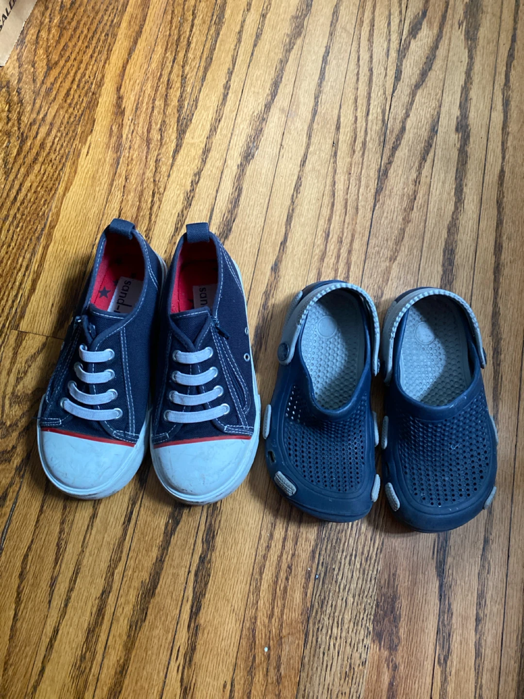 Sneakers & Blue Croc-Style Clogs