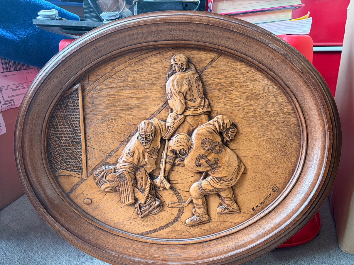 Kim Murray "He Scores" Hockey Relief Carving