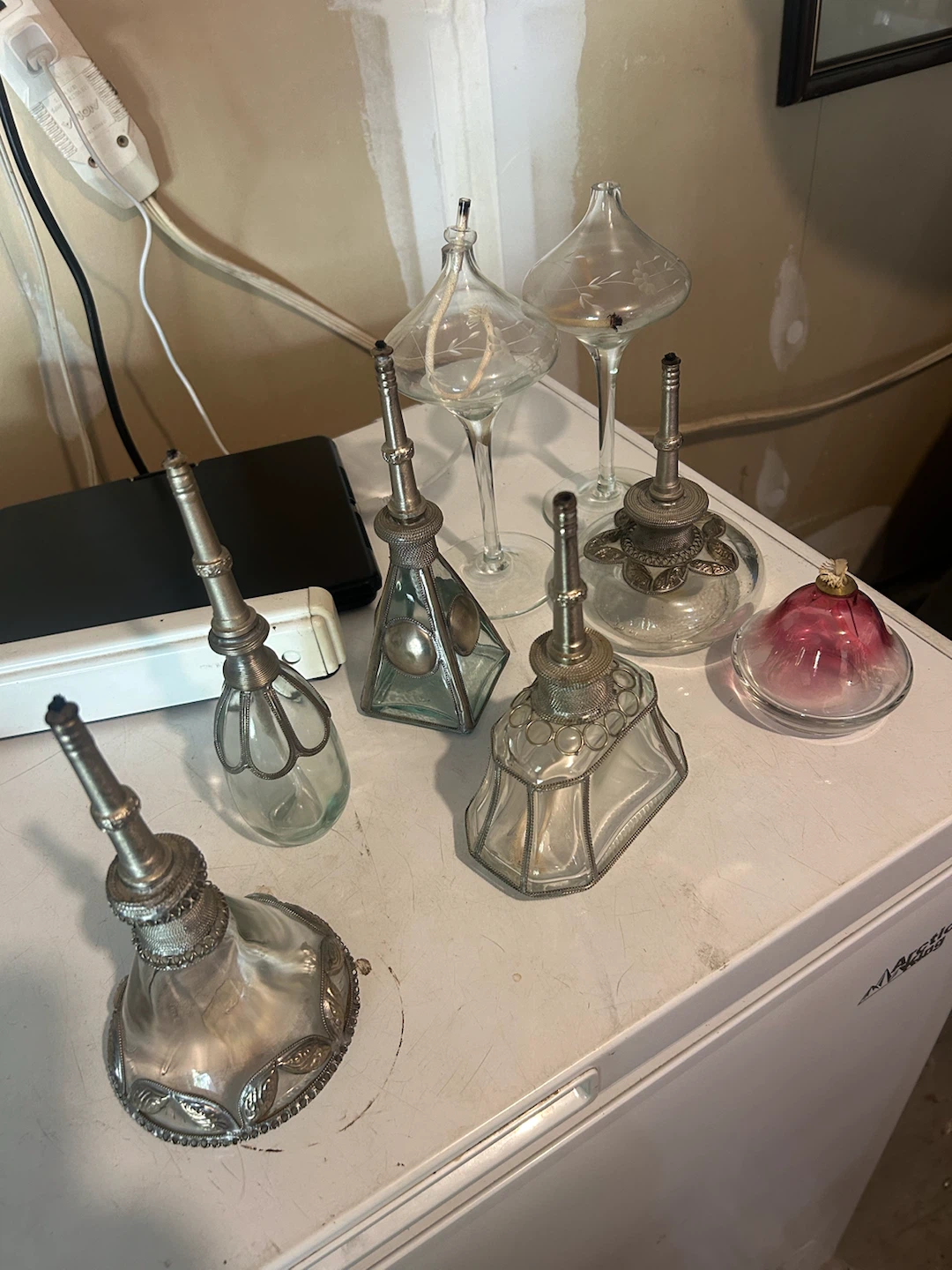 8 vintage style glass and metal oil lamps