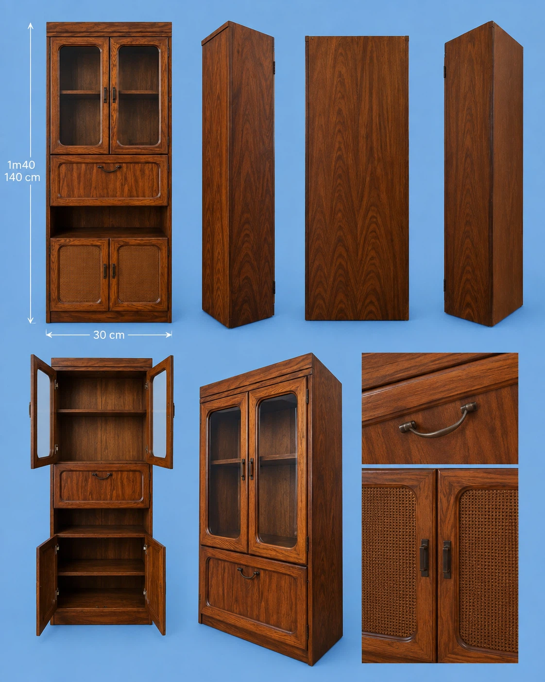 Wooden hutch with glass doors and mesh cabinets