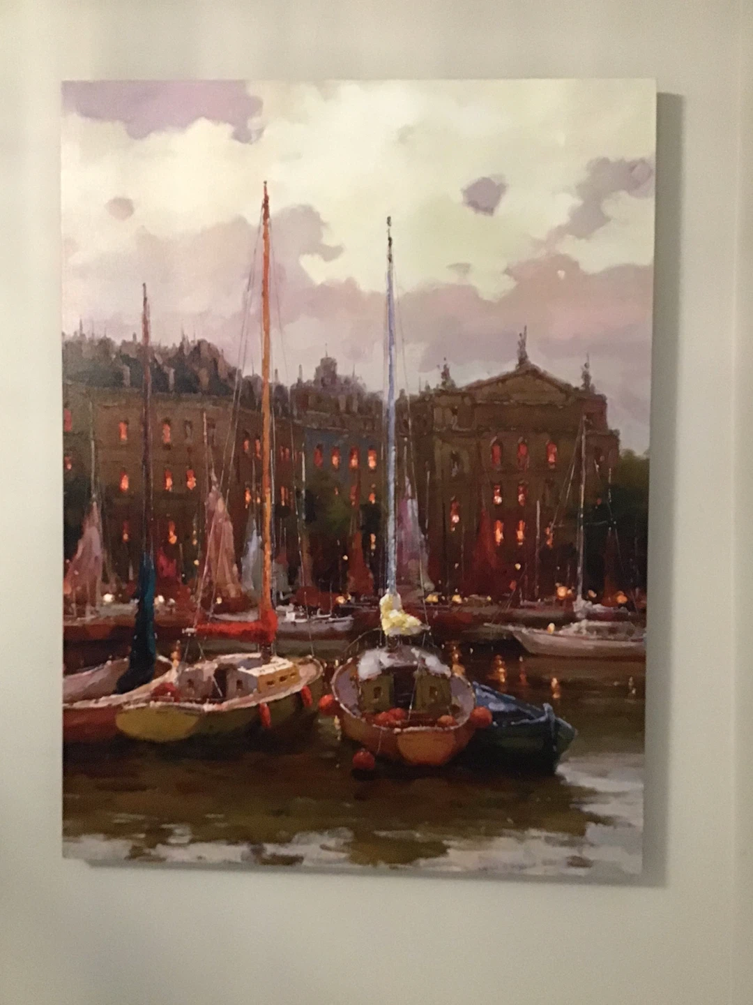 Large Canvas Wall Art Painting of Sailboats in Harbour