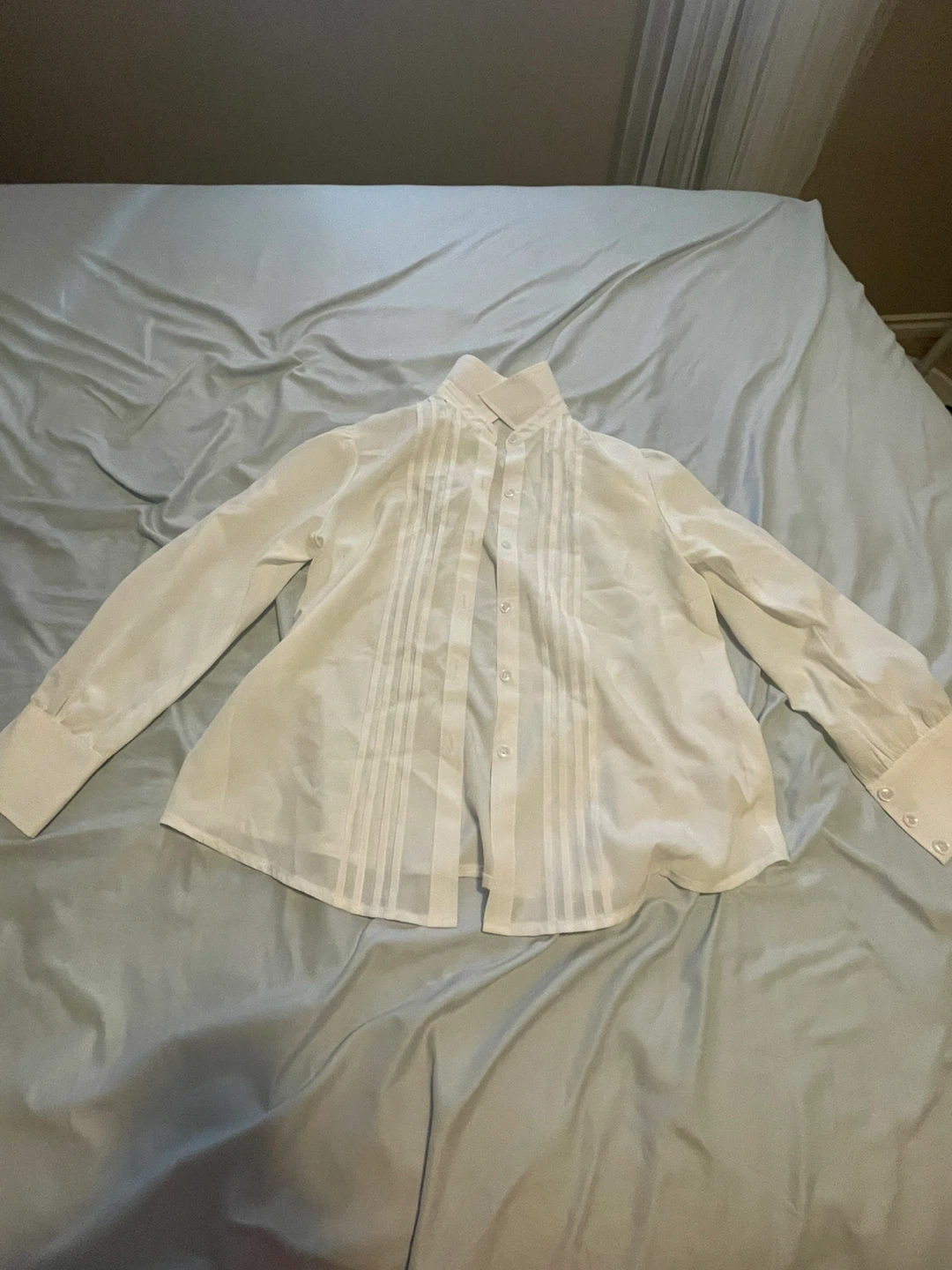 White Pleated Long-Sleeve Blouse