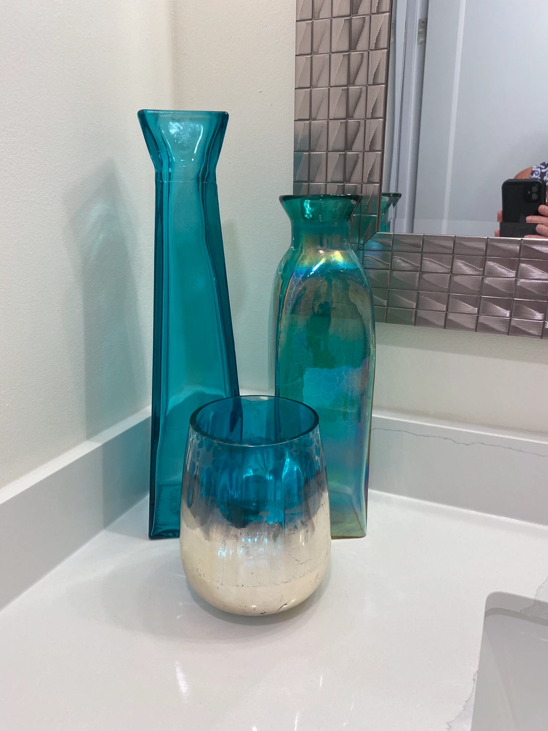 Teal Glass Vases and Candle Holder Set
