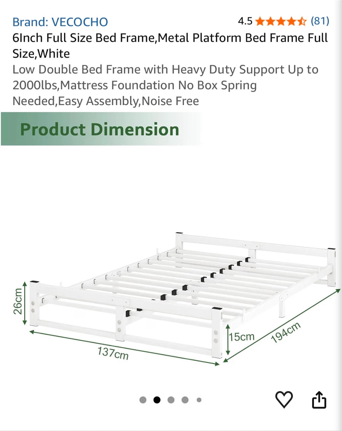 VECOCHO 6Inch Full Size Metal Platform Bed Frame White - photo 3