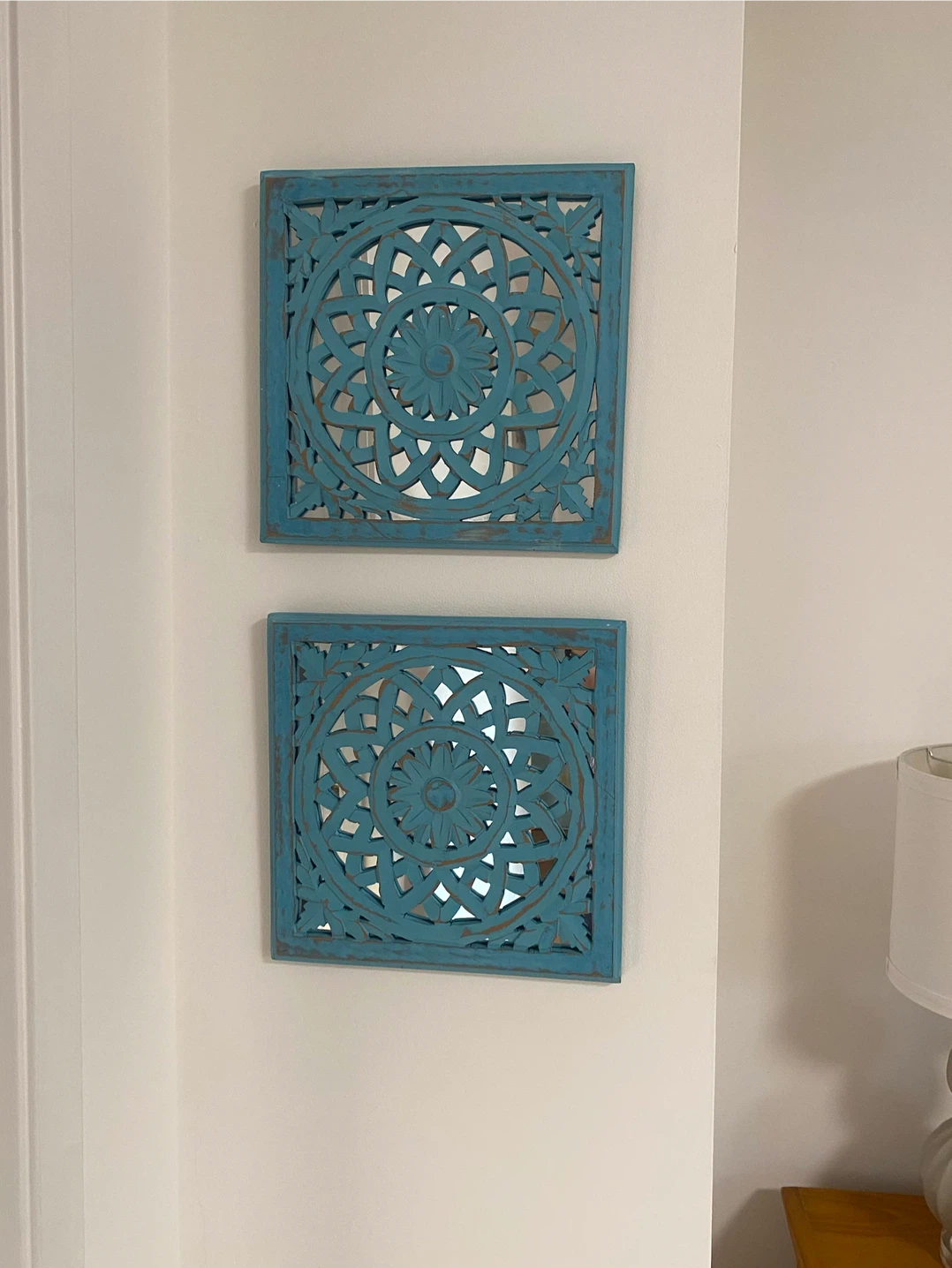 Set of 2 Teal Carved Wood Mirror Wall Decor