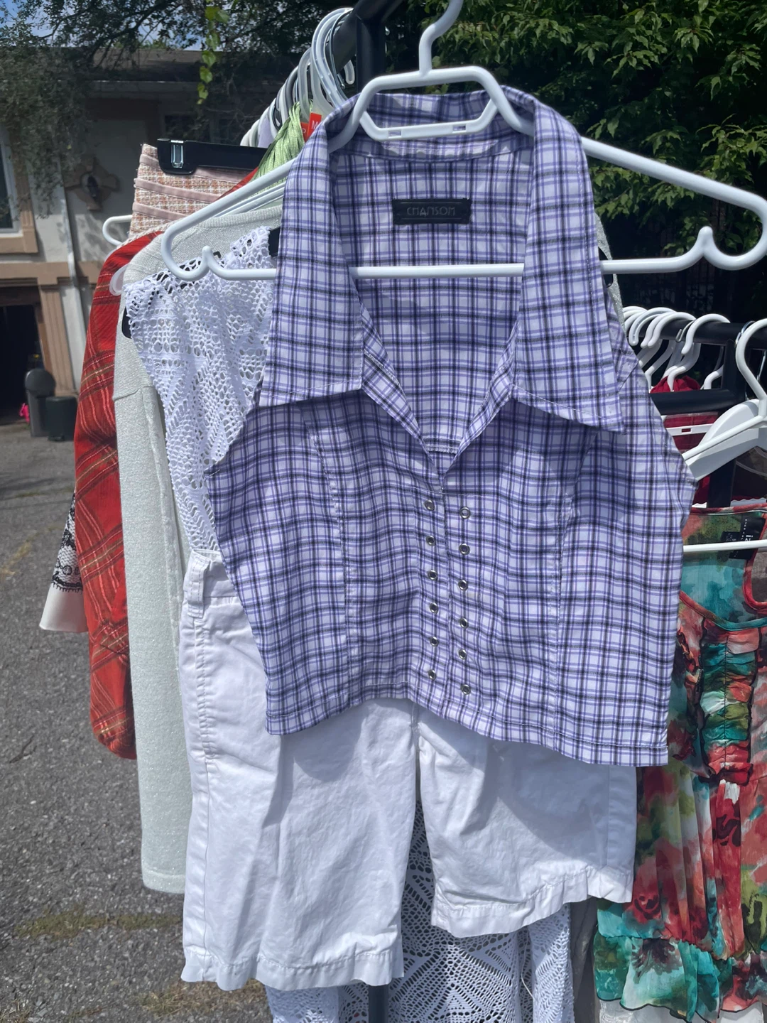 Chansom Plaid Halter Top and white shorts