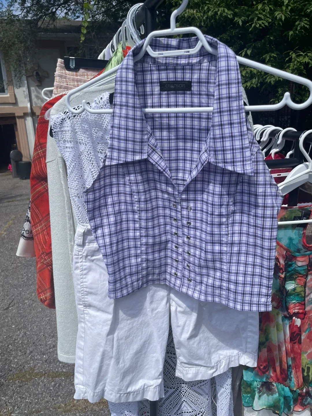 Chansom Plaid Halter Top and white shorts