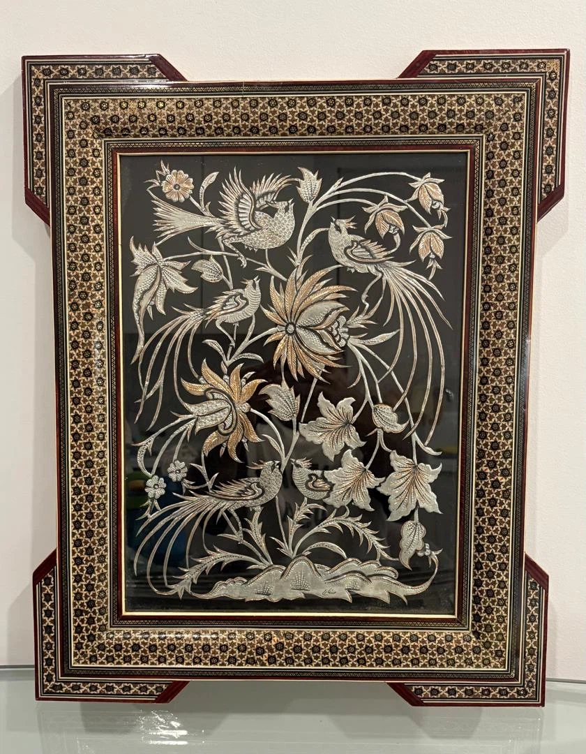 Khatam Kari framed bird and floral cooper artwork