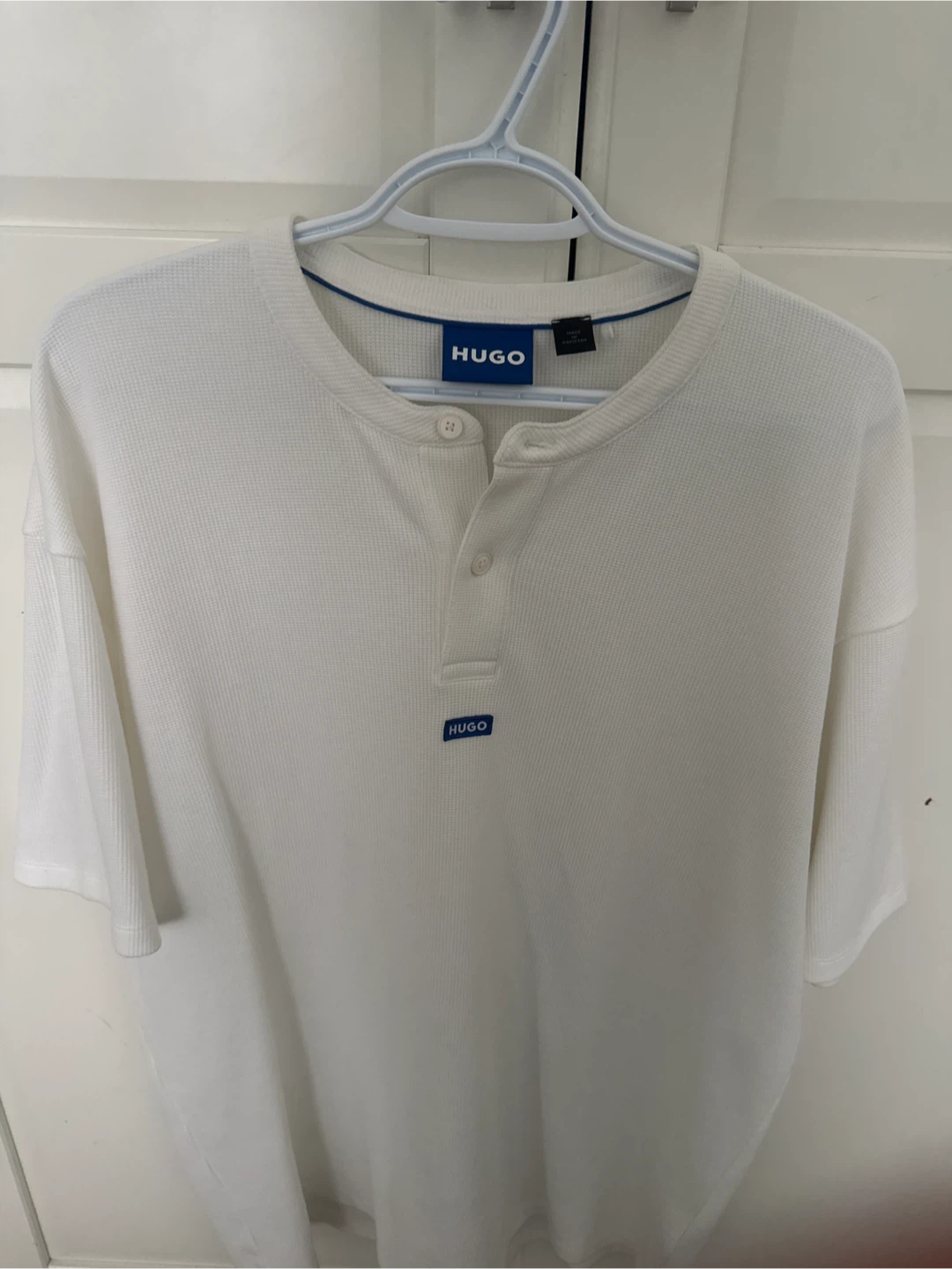 Hugo Boss White Waffle Knit Henley Shirt - Size M