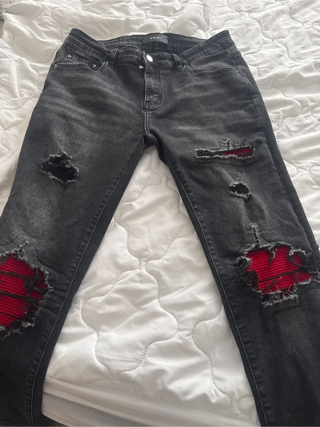 AMIRI Distressed Black Jeans with Red Patchwork