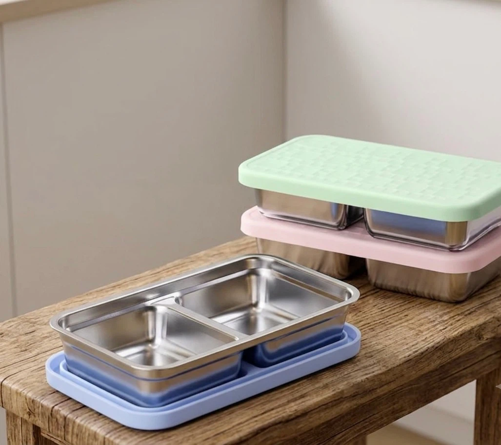 AKONEGE 3 Pack Stainless Steel 2 Compartment Snack Containers