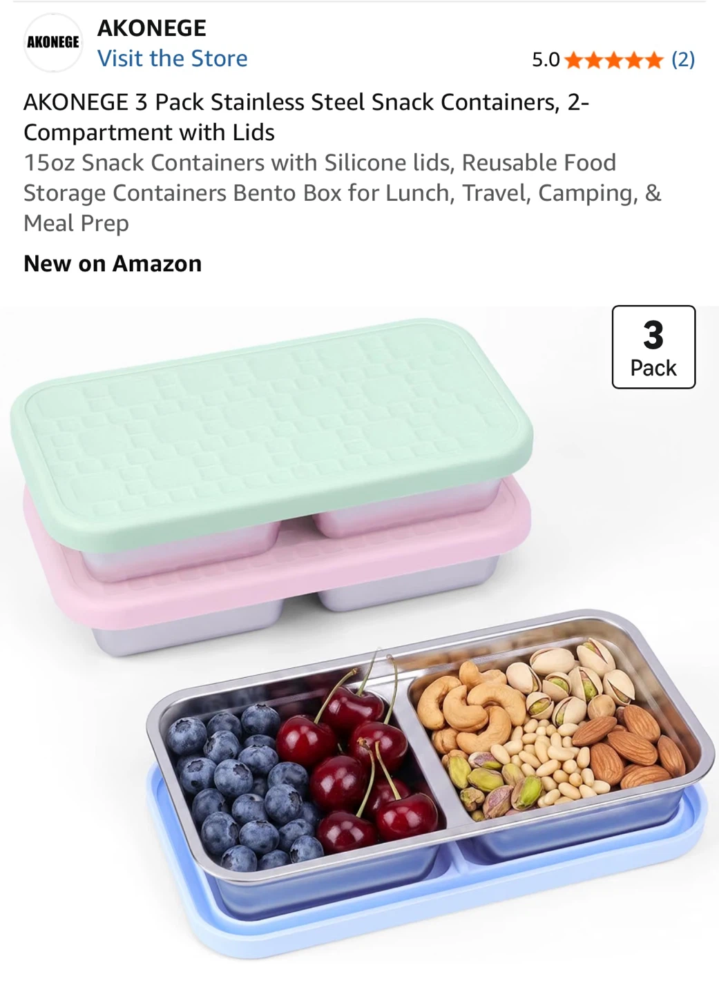 AKONEGE 3 Pack Stainless Steel 2 Compartment Snack Containers - photo 2