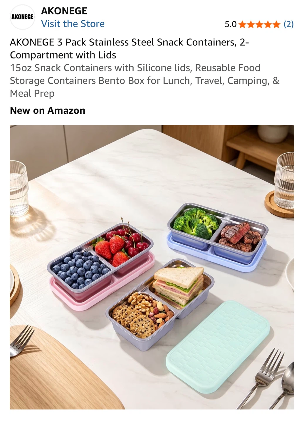 AKONEGE 3 Pack Stainless Steel 2 Compartment Snack Containers - photo 3