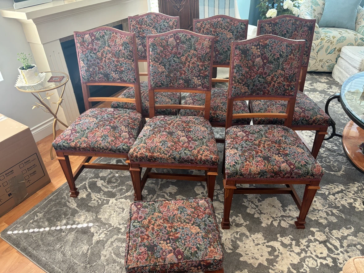 7 Vintage Upholstered Armchair and Footstool