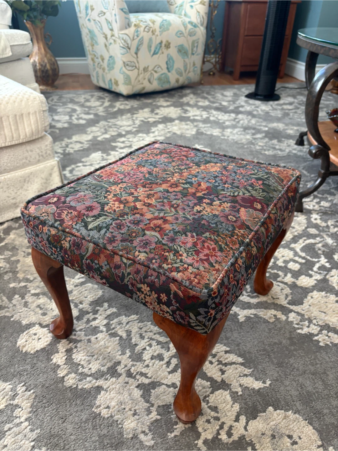 7 Vintage Upholstered Armchair and Footstool - photo 3