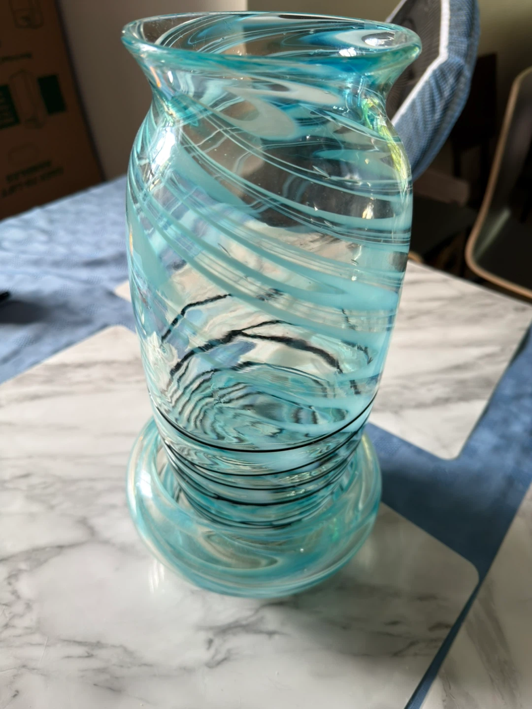 Blue Swirl Glass Vase and Bowl Set