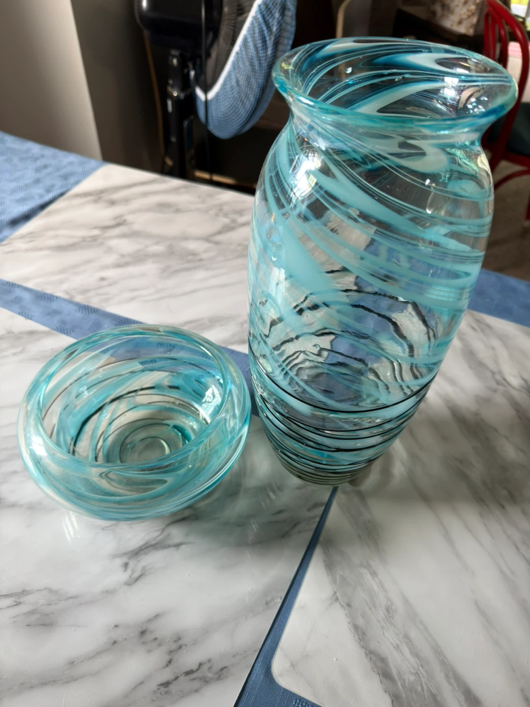 Blue Swirl Glass Vase and Bowl Set - photo 2